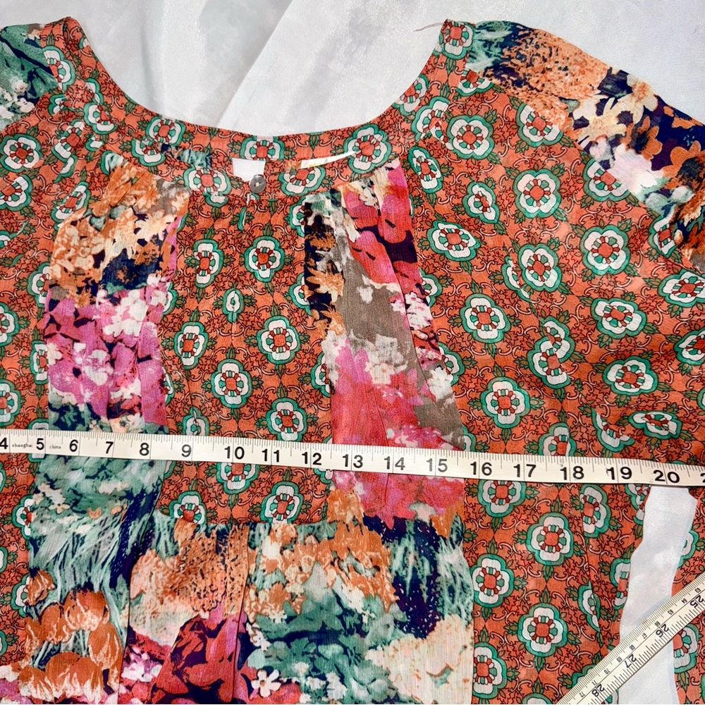 Fig & Flower Women’s‎ Sheer Floral Orange Pink Green BOHO Chic Casual Blouse Top - Picture 12 of 13